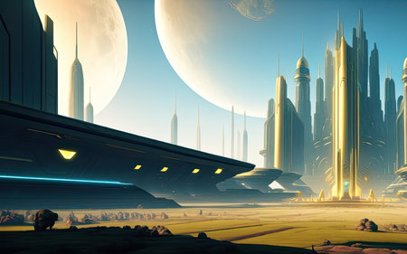 retrofuturism. Cities of the Future Far Away in Spaceの素材