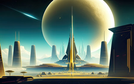 retrofuturism. Cities of the Future Far Away in Spaceの素材
