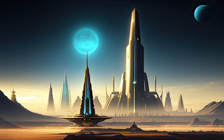 retrofuturism. Cities of the Future Far Away in Spaceの素材