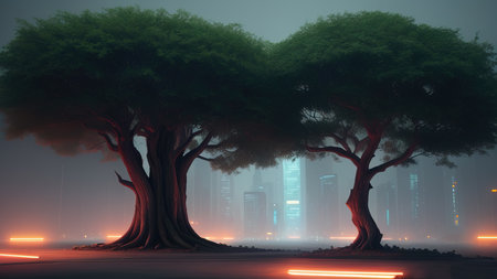 The park area of the city of the future. Luminous trees. A place to walk. Illustration.の素材