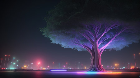The park area of the city of the future. Luminous trees. A place to walk. Illustration.の素材