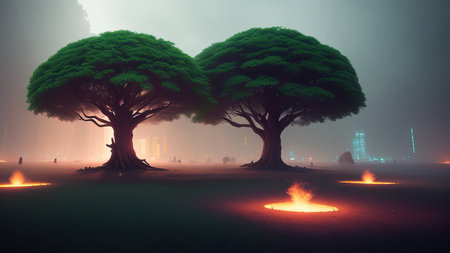 The park area of the city of the future. Luminous trees. A place to walk. Illustration.の素材