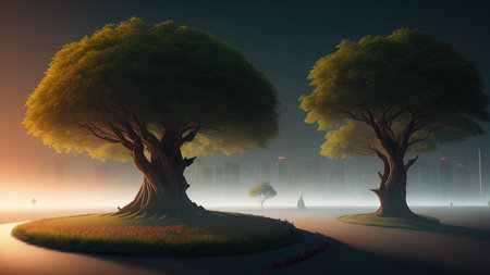 The park area of the city of the future. Luminous trees. A place to walk. Illustration.の素材