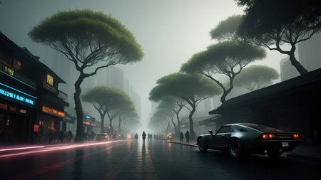 The park area of the city of the future. Luminous trees. A place to walk. Illustration.の素材