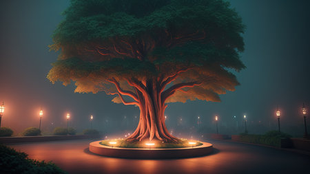 The park area of the city of the future. Luminous trees. A place to walk. Illustration.の素材