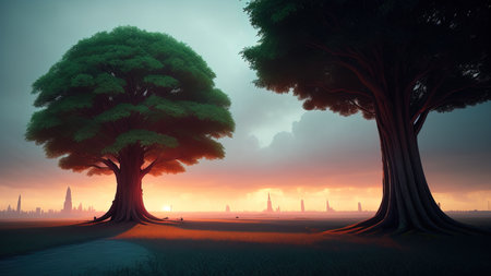 The park area of the city of the future. Luminous trees. A place to walk. Illustration.の素材