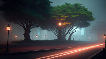 The park area of the city of the future. Luminous trees. A place to walk. Illustration.の素材