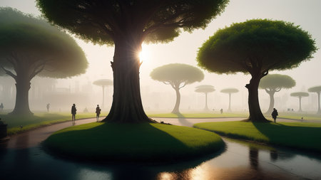 The park area of the city of the future. Luminous trees. A place to walk. Illustration.の素材