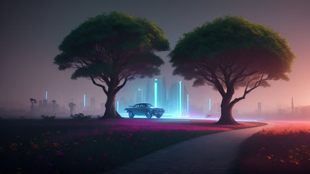 The park area of the city of the future. Luminous trees. A place to walk. Illustration.の素材