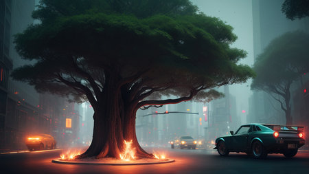 The park area of the city of the future. Luminous trees. A place to walk. Illustration.の素材