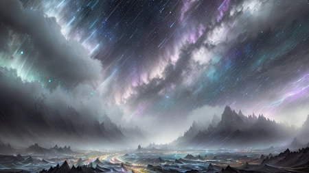 Starry Tempest, A night sky alive with swirling storms, A tempest of wind and rain, Amidst the chaos, stars twinkle bright, A dance of light and dark, A mesmerizing sight to beholdの素材