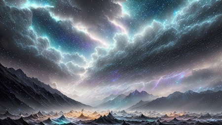 Starry Tempest, A night sky alive with swirling storms, A tempest of wind and rain, Amidst the chaos, stars twinkle bright, A dance of light and dark, A mesmerizing sight to beholdの素材