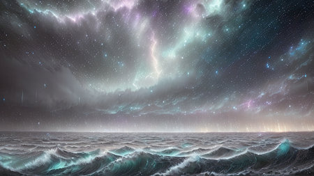 Starry Tempest, A night sky alive with swirling storms, A tempest of wind and rain, Amidst the chaos, stars twinkle bright, A dance of light and dark, A mesmerizing sight to beholdの素材