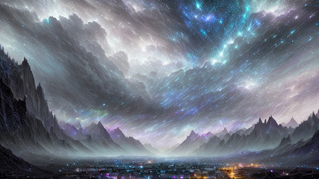 Starry Tempest, A night sky alive with swirling storms, A tempest of wind and rain, Amidst the chaos, stars twinkle bright, A dance of light and dark, A mesmerizing sight to beholdの素材