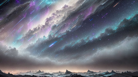 Starry Tempest, A night sky alive with swirling storms, A tempest of wind and rain, Amidst the chaos, stars twinkle bright, A dance of light and dark, A mesmerizing sight to beholdの素材