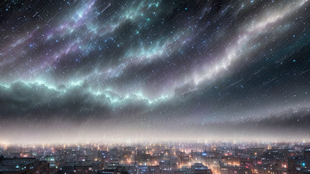 Starry Tempest, A night sky alive with swirling storms, A tempest of wind and rain, Amidst the chaos, stars twinkle bright, A dance of light and dark, A mesmerizing sight to beholdの素材