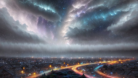 Starry Tempest, A night sky alive with swirling storms, A tempest of wind and rain, Amidst the chaos, stars twinkle bright, A dance of light and dark, A mesmerizing sight to beholdの素材