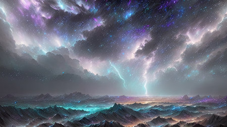 Starry Tempest, A night sky alive with swirling storms, A tempest of wind and rain, Amidst the chaos, stars twinkle bright, A dance of light and dark, A mesmerizing sight to beholdの素材