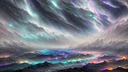 Starry Tempest, A night sky alive with swirling storms, A tempest of wind and rain, Amidst the chaos, stars twinkle bright, A dance of light and dark, A mesmerizing sight to beholdの素材