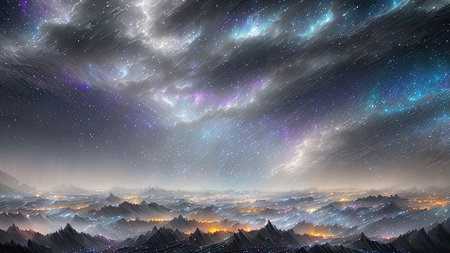 Starry Tempest, A night sky alive with swirling storms, A tempest of wind and rain, Amidst the chaos, stars twinkle bright, A dance of light and dark, A mesmerizing sight to beholdの素材