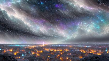 Starry Tempest, A night sky alive with swirling storms, A tempest of wind and rain, Amidst the chaos, stars twinkle bright, A dance of light and dark, A mesmerizing sight to beholdの素材