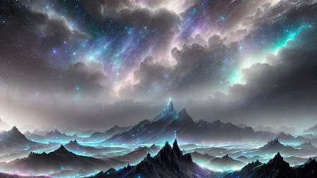 Starry Tempest, A night sky alive with swirling storms, A tempest of wind and rain, Amidst the chaos, stars twinkle bright, A dance of light and dark, A mesmerizing sight to beholdの素材