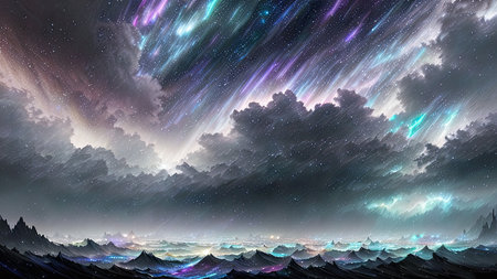 Starry Tempest, A night sky alive with swirling storms, A tempest of wind and rain, Amidst the chaos, stars twinkle bright, A dance of light and dark, A mesmerizing sight to beholdの素材