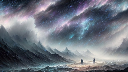 Starry Tempest, A night sky alive with swirling storms, A tempest of wind and rain, Amidst the chaos, stars twinkle bright, A dance of light and dark, A mesmerizing sight to beholdの素材