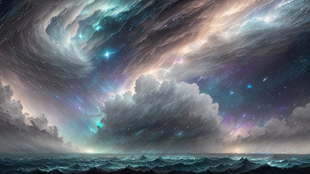 Starry Tempest, A night sky alive with swirling storms, A tempest of wind and rain, Amidst the chaos, stars twinkle bright, A dance of light and dark, A mesmerizing sight to beholdの素材