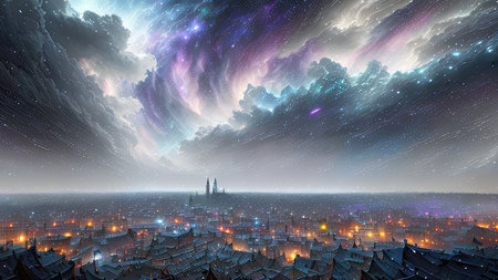 Starry Tempest, A night sky alive with swirling storms, A tempest of wind and rain, Amidst the chaos, stars twinkle bright, A dance of light and dark, A mesmerizing sight to beholdの素材