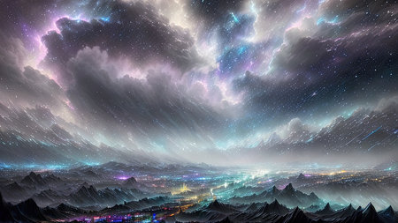 Starry Tempest, A night sky alive with swirling storms, A tempest of wind and rain, Amidst the chaos, stars twinkle bright, A dance of light and dark, A mesmerizing sight to beholdの素材