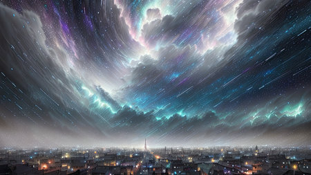 Starry Tempest, A night sky alive with swirling storms, A tempest of wind and rain, Amidst the chaos, stars twinkle bright, A dance of light and dark, A mesmerizing sight to beholdの素材