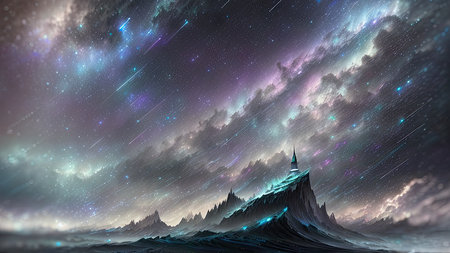Starry Tempest, A night sky alive with swirling storms, A tempest of wind and rain, Amidst the chaos, stars twinkle bright, A dance of light and dark, A mesmerizing sight to beholdの素材