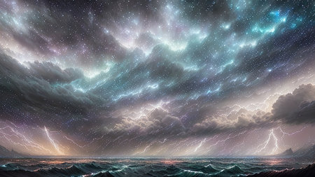 Starry Tempest, A night sky alive with swirling storms, A tempest of wind and rain, Amidst the chaos, stars twinkle bright, A dance of light and dark, A mesmerizing sight to beholdの素材