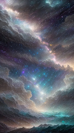Starry Tempest, A night sky alive with swirling storms, A tempest of wind and rain, Amidst the chaos, stars twinkle bright, A dance of light and dark, A mesmerizing sight to beholdの素材