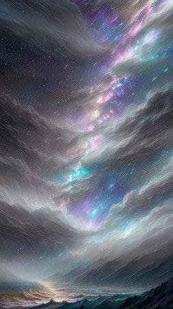 Starry Tempest, A night sky alive with swirling storms, A tempest of wind and rain, Amidst the chaos, stars twinkle bright, A dance of light and dark, A mesmerizing sight to beholdの素材