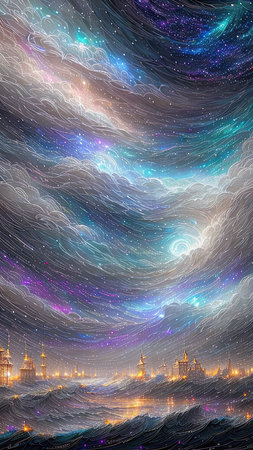 Starry Tempest, A night sky alive with swirling storms, A tempest of wind and rain, Amidst the chaos, stars twinkle bright, A dance of light and dark, A mesmerizing sight to beholdの素材
