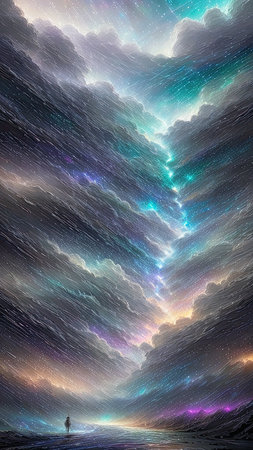 Starry Tempest, A night sky alive with swirling storms, A tempest of wind and rain, Amidst the chaos, stars twinkle bright, A dance of light and dark, A mesmerizing sight to beholdの素材