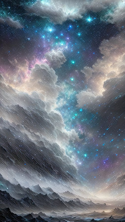 Starry Tempest, A night sky alive with swirling storms, A tempest of wind and rain, Amidst the chaos, stars twinkle bright, A dance of light and dark, A mesmerizing sight to beholdの素材