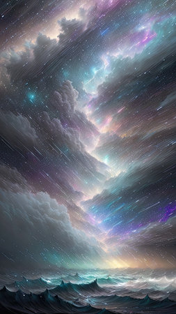 Starry Tempest, A night sky alive with swirling storms, A tempest of wind and rain, Amidst the chaos, stars twinkle bright, A dance of light and dark, A mesmerizing sight to beholdの素材