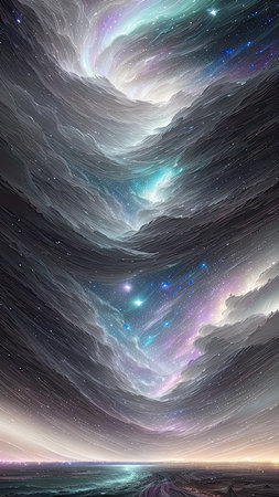 Starry Tempest, A night sky alive with swirling storms, A tempest of wind and rain, Amidst the chaos, stars twinkle bright, A dance of light and dark, A mesmerizing sight to beholdの素材