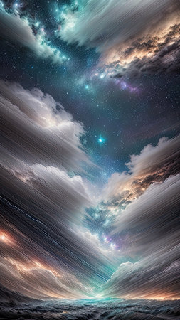 Starry Tempest, A night sky alive with swirling storms, A tempest of wind and rain, Amidst the chaos, stars twinkle bright, A dance of light and dark, A mesmerizing sight to beholdの素材