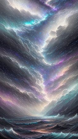 Starry Tempest, A night sky alive with swirling storms, A tempest of wind and rain, Amidst the chaos, stars twinkle bright, A dance of light and dark, A mesmerizing sight to beholdの素材