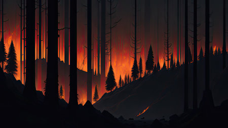 Wildfire catastrophe illustration. The forest is on fire.の素材