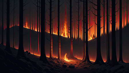 Wildfire catastrophe illustration. The forest is on fire.の素材