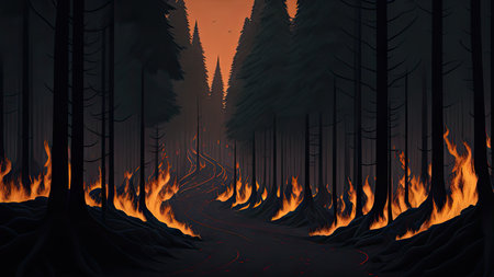 Wildfire catastrophe illustration. The forest is on fire.の素材