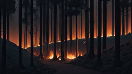 Wildfire catastrophe illustration. The forest is on fire.の素材