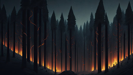 Wildfire catastrophe illustration. The forest is on fire.の素材