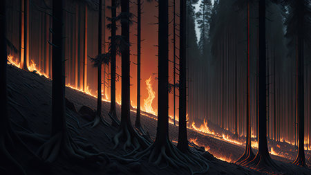 Wildfire catastrophe illustration. The forest is on fire.の素材