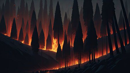 Wildfire catastrophe illustration. The forest is on fire.の素材